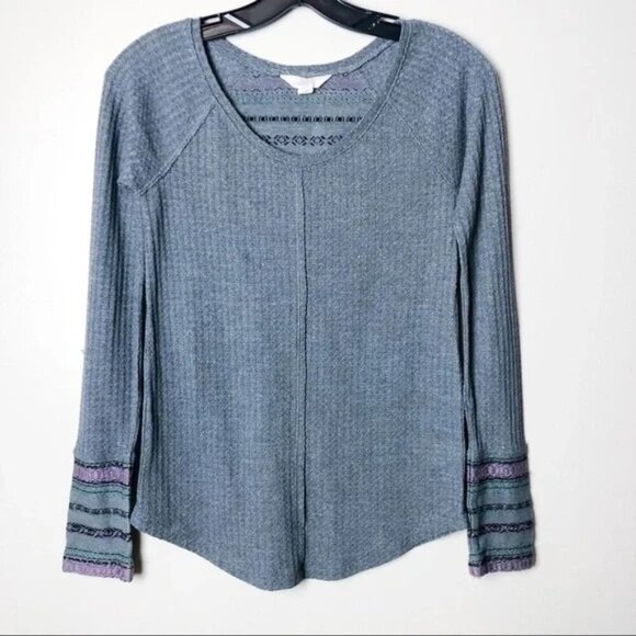 Sun & Shadow X-Small Waffle Knit Gray & Purple Long Sleeve Top - Picture 1 of 5